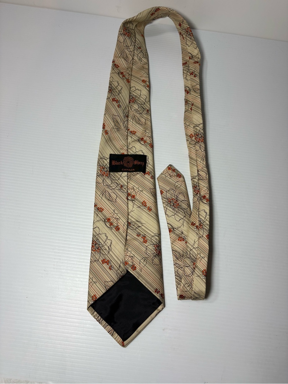 Vintage 1970s Black Sheep Canada Floral Striped Wide Necktie Cream Orange